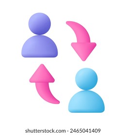 Persons and rounded arrow. Delegating, distribution, employee staff turnover, and job rotation. Change and switch user. Human resources concept. 3d vector icon. Cartoon minimal style.