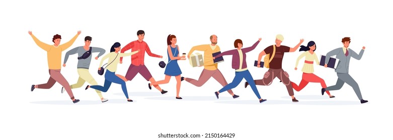 Persons in rush. Cartoon characters in modern clothes hurrying and running together. Vector illustration. Female and male people late for work, university. Employees and students moving quickly