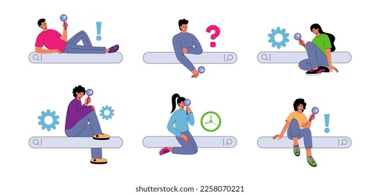 Persons search query. Browser information bar. Woman and man with magnifiers. Serp button. Frame for business technology. Website interface elements set. Vector illustration tidy concept