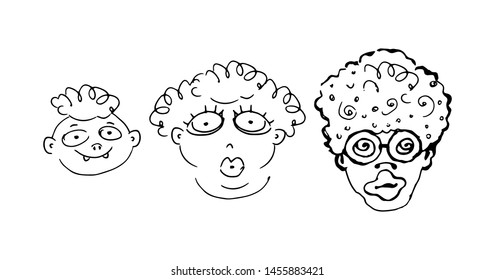 Persons set. Female, male and child. Hand drawn doodle contour black and white vector isolated illustration.