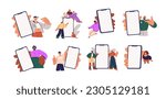 Persons showing mobile phone screen mockups set. Happy people holding big blank smartphone displays in hands, recommending application. Flat graphic vector illustrations isolated on white background