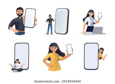 Persons showing mobile phone screen mockups collection 3D. Happy people holding big blank smartphone displays in hands, recommending application. 3D graphic vector illustrations isolated on white