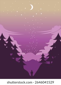 A person's silhouette watches the starry night sky from a magical forest valley.