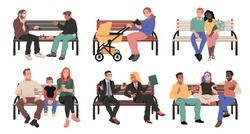Persons Sit On Bench. Different People Relaxing In Park, Outdoor Wooden Seating, Chess Players, Young Mother With Stroller, Romantic Couple, Parents With Child And Businessmen, Tidy Vector Set