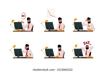 Persons sitting at pc. Businessman working at laptop professional workplace with computer lazy character garish vector cartoon template