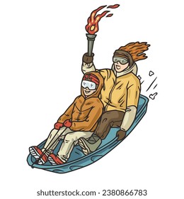 Persons sledding down snowy hill. Winter sport , sled activity, outdoor joy and fun, and seasonal excitement. Man holds a torch in his hand as symbol of a tournament or competition. Snow tubing.