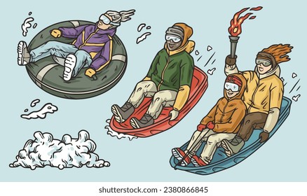 Persons sledding down snowy hill. Winter sport , sled activity, outdoor joy and fun, and seasonal excitement. Man holds a torch in his hand as symbol of a tournament or competition. Snow tubing.