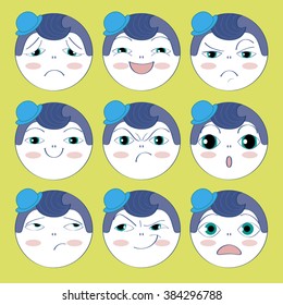 Persons, smiles represent different emotions and feelings. Character boy
Separate layers of objects and background for easy editing.Illustration done in cartoon style

