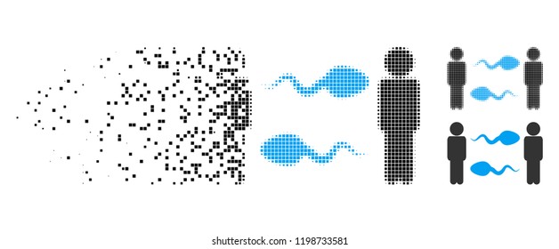 Persons sperm exchange icon in disappearing, dotted halftone and undamaged whole variants. Elements are organized into vector disappearing persons sperm exchange shape.
