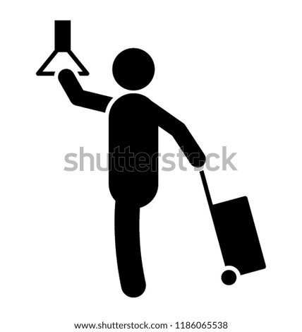 A persons standing by holding bus handles with the luggage bag depicting standing passengers 