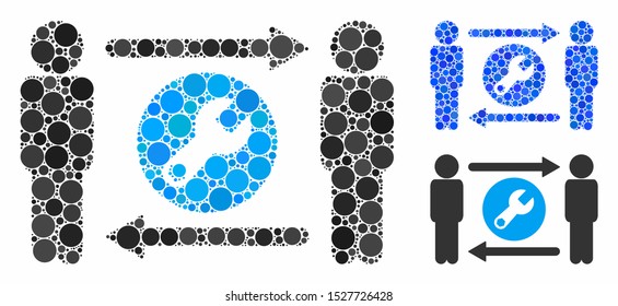Persons tools exchange mosaic of filled circles in different sizes and color hues, based on persons tools exchange icon. Vector filled circles are combined into blue collage.