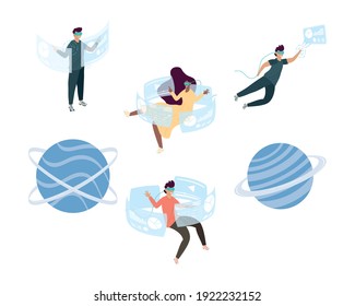 Personen, die Virtual-Reality-Masken und Planeten verwenden, Vektorgrafik-Design