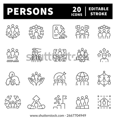 Persons vector icons in line style. Persons, community, society related icons collection. People outline vector icons