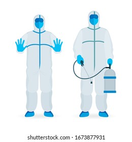 Persons in viral protective suits. Specialists in bio and viral hazard protective suits vector illustrations set. Virus attention, protection and disinfection concept. 