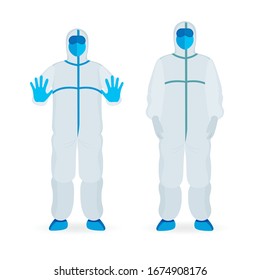 Persons in viral protective suits. Specialists in bio and viral hazard protective suits vector illustrations set. Virus attention, protection and disinfection concept. 