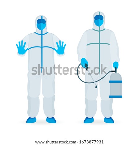 Persons in viral protective suits. Specialists in bio and viral hazard protective suits vector illustrations set. Virus attention, protection and disinfection concept. 