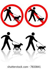 Persons Walk Pet Dog, Cat. Icons: PETS ALLOWED On Leashes; Or NO DOGS CATS. Or PET CROSSING.