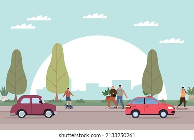 persons walking and cars scene