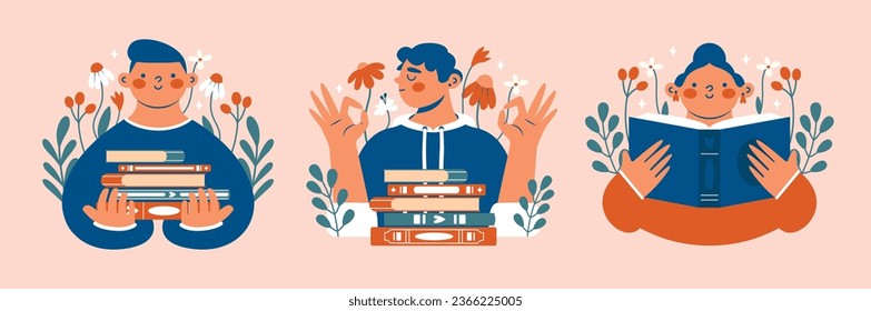 Personas que aman los libros. Joven, mujer, que sostiene libro abierto, pila de libros, muestran un gesto correcto. Conjunto de personas abstractas con plantas, flores sobre el fondo. Imágenes animadas con amantes de los libros.