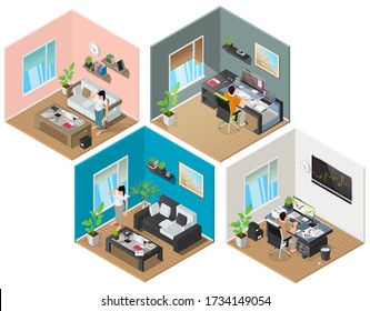 Persons Working At Home In Different Fields: Financial And Stock Trader, Programmer, SMM, Etc . Person Isolated At Home Office. Remote Work Of Isometric Illustration.