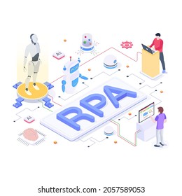 Persons working with robots, isometric illustration of RPA