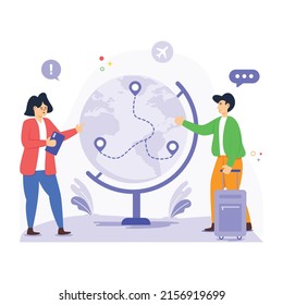 Mapa de personas con mundo, ilustración plana de viajes turísticos 

