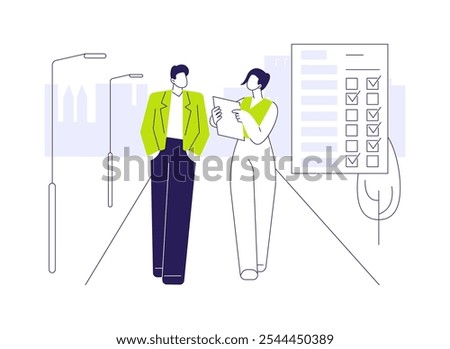 Person-to-person interview abstract concept vector illustration. Opinion poll worker interviewing inhabitants, social science, sociological survey, conversation with people abstract metaphor.