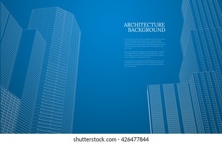 Perspective 3d architecture background with wireframe skyscrapers. Vector illustration.