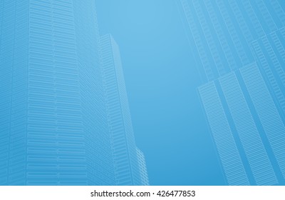 Perspective 3d architecture background with wireframe skyscrapers. Vector illustration.
