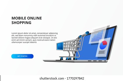 perspective 3D computer laptop illustration with data statistic and trolley cart. Concept of retail shopping data online business e commerce. landing page illustration