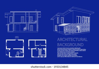 Perspective 3D, floor plan and cross section suburban house. Drawing of the modern building. Cottage project on blue background. Vector architectural blueprint.