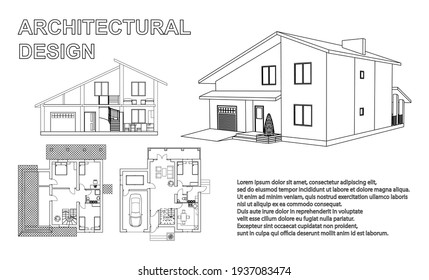 Perspective 3D, Floor Plan And Cross Section Suburban House. Drawing Of The Modern Building. Cottage Project On White Background. Vector Blueprint.