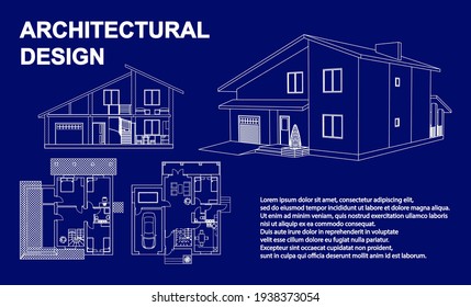 Perspective 3D, floor plan and cross section suburban house. Drawing of the modern building. Cottage project on blue background. Vector architectural blueprint.