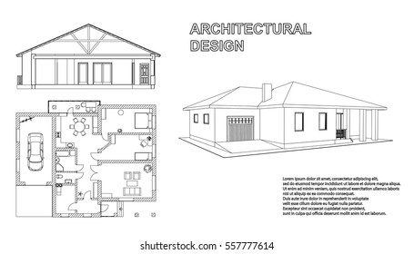 Perspective 3D, floor plan and cross section suburban house. Drawing of the modern building. Cottage project on white background. Vector blueprint.