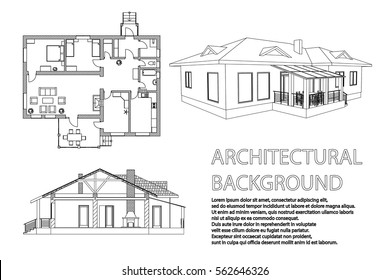 Perspective 3D, floor plan and cross section suburban house. Drawing of the modern building. Cottage project on white background. Vector  architectural blueprint.