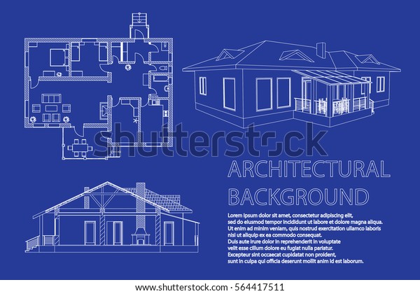 透視投影3d 平面図 および断面郊外住宅 現代建築の図 青の背景にコテージプロジェクト ベクター画像建築設計図 のベクター画像素材 ロイヤリティフリー
