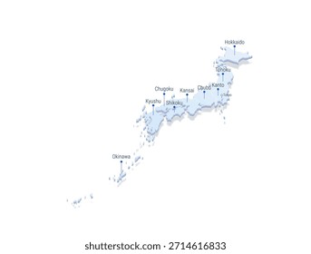 Perspectiva 3D mapa de Japón. Ilustración de mapa de Vector estilizado con ciudades, fronteras, capitales, divisiones administrativas y marcas de puntero.