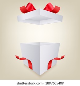 Perspective 3D open white empty gift box with red ribbon. Vector illustration design concept.