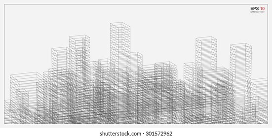 Perspective 3D render of building wire frame. Vector blueprint background.