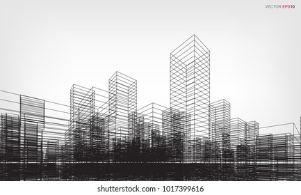 Perspective 3D render of building wireframe. Vector wireframe city background of building.