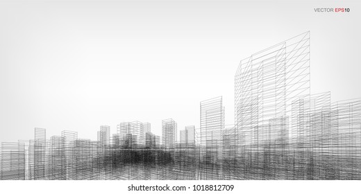 Perspective 3D render of building wireframe. Vector wireframe city background of building.