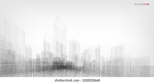 Perspective 3D render of building wireframe. Vector wireframe city background of building.