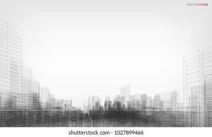 Perspective 3D render of building wireframe. Vector wireframe city background of building.
