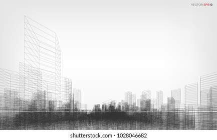 Perspective 3D render of building wireframe. Vector wireframe city background of building.