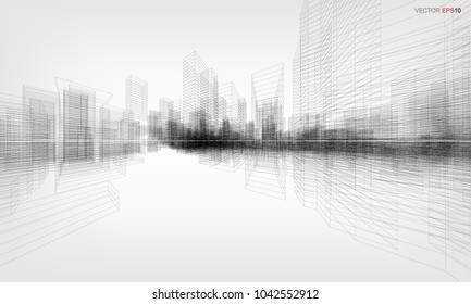 Perspective 3D render of building wireframe. Vector wireframe city background of building.