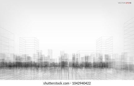 Perspective 3D render of building wireframe. Vector wireframe city background of building.