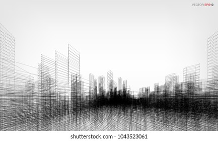 Perspective 3D render of building wireframe. Vector wireframe city background of building.