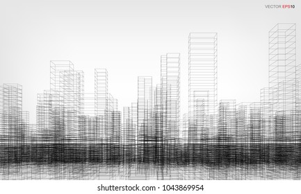 Perspective 3D render of building wireframe. Vector wireframe city background of building.