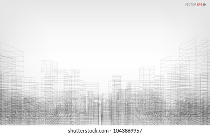 Perspective 3D render of building wireframe. Vector wireframe city background of building.