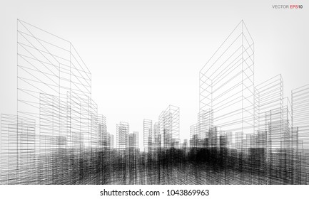 Perspective 3D render of building wireframe. Vector wireframe city background of building.